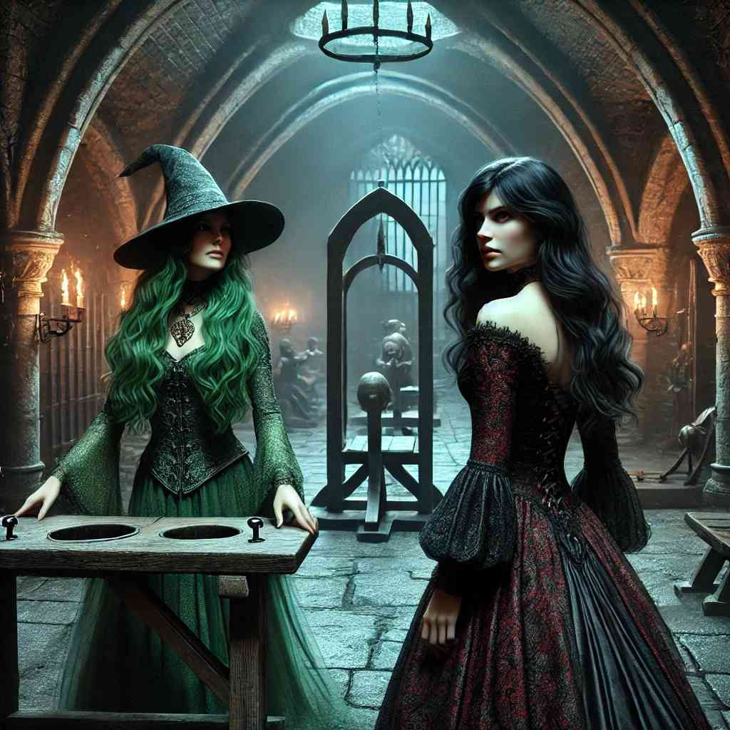 Witche and lady visiting basement