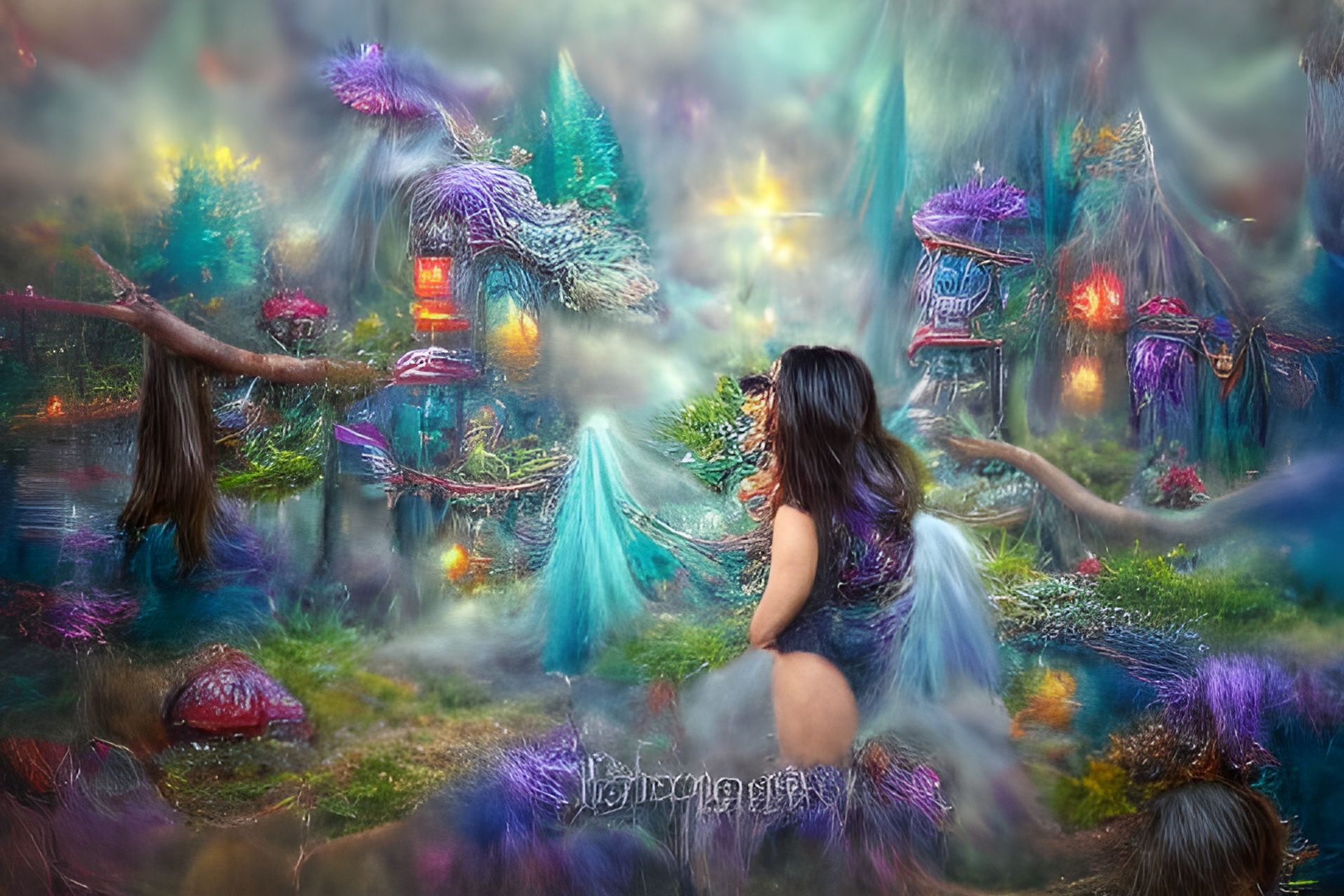 In a dark, enchanted forest, a young woman stands amidst ethereal lights  casting ghostly glows, with a sky of brooding clouds and shimmering - AI  Generated Artwork - NightCafe Creator