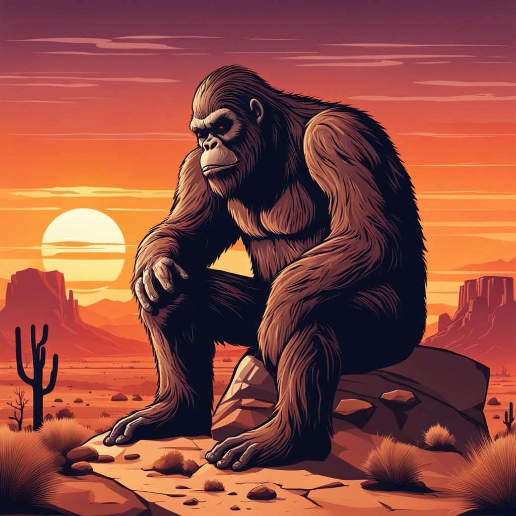 A Grumpy bigfoot sitting on a rock, stunning desert sunset. Endless ...