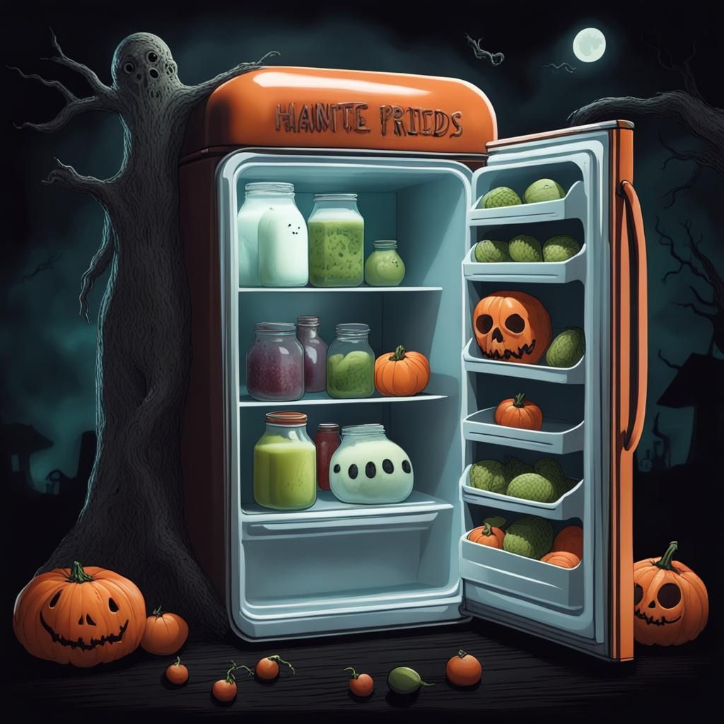 The Haunted Fridge with the ghost fruits, awe vegetable, scary breads, spooky  milk bottle inside.👻🍎🥦🍞🥛💀👻 - AI Generated Artwork - NightCafe Creator