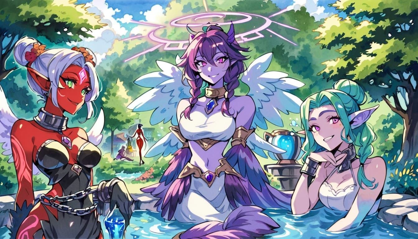 anime key visual, smile, mature female, metal skin, iridescent, fantasy, colored skin, reflective, gemlike skin, Bobbine...