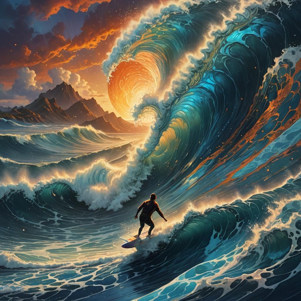 Surfer Rides Bioluminescent Wave: Fantasy Concept Art