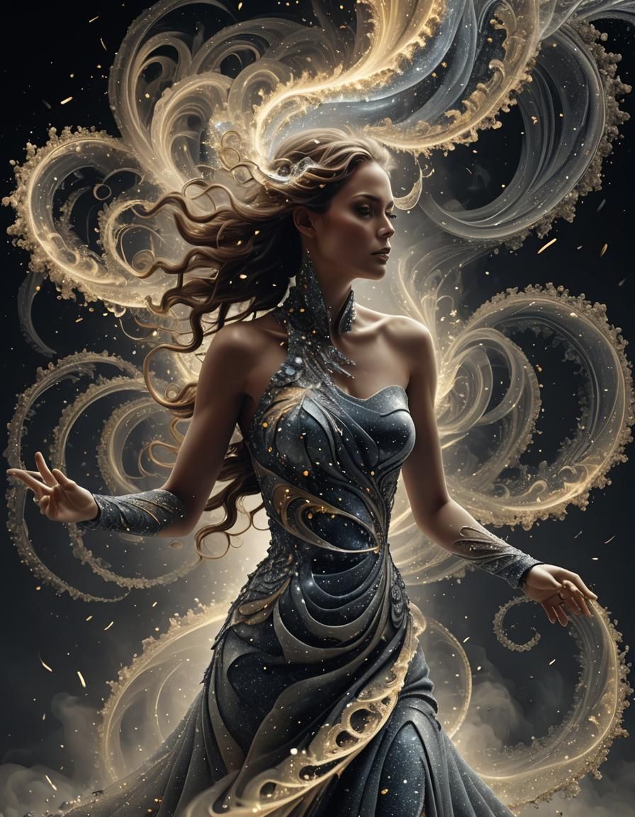 3d fractal tornado composition, glitter woman+stardust+smoke...