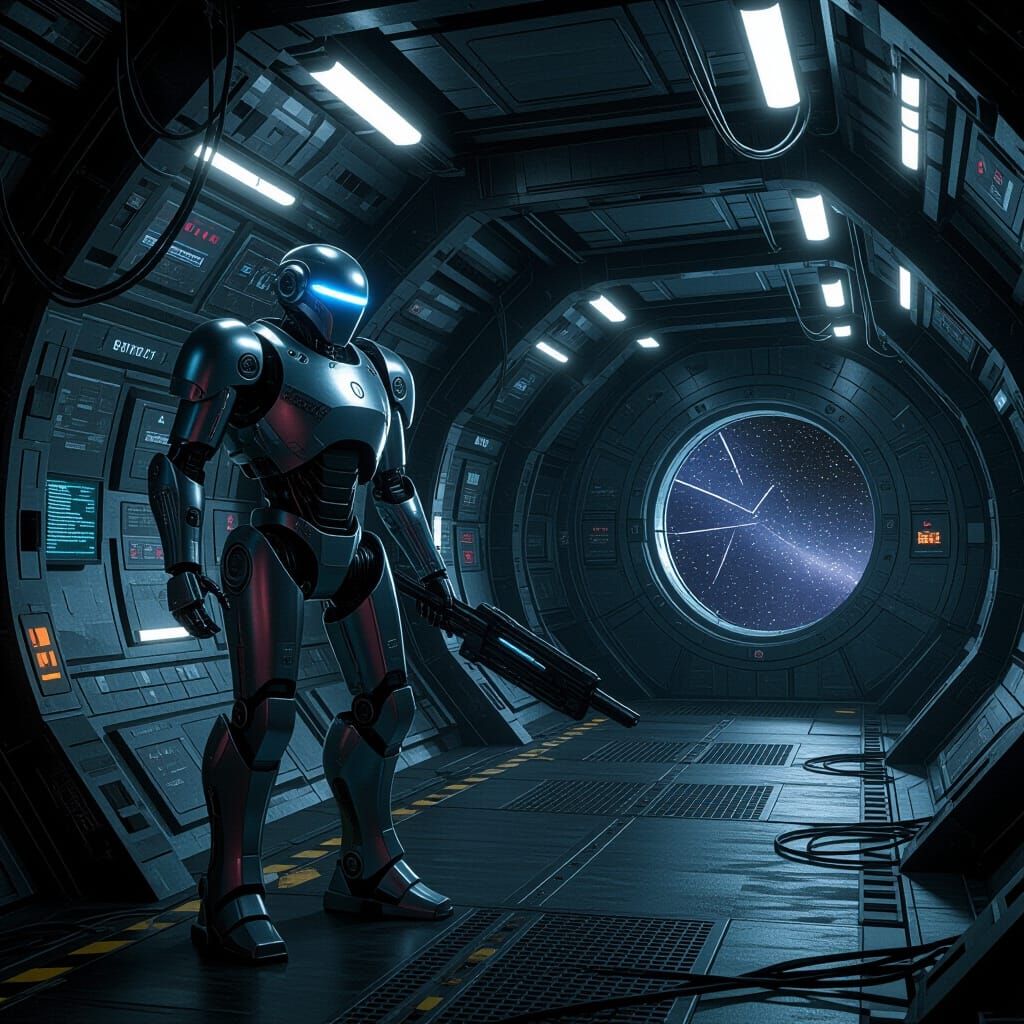 Sci-fi concept art. A sleek, chrome automaton knight, with glowing blue optics, patrols the corridors of a vast, abandoned space station. Pa...