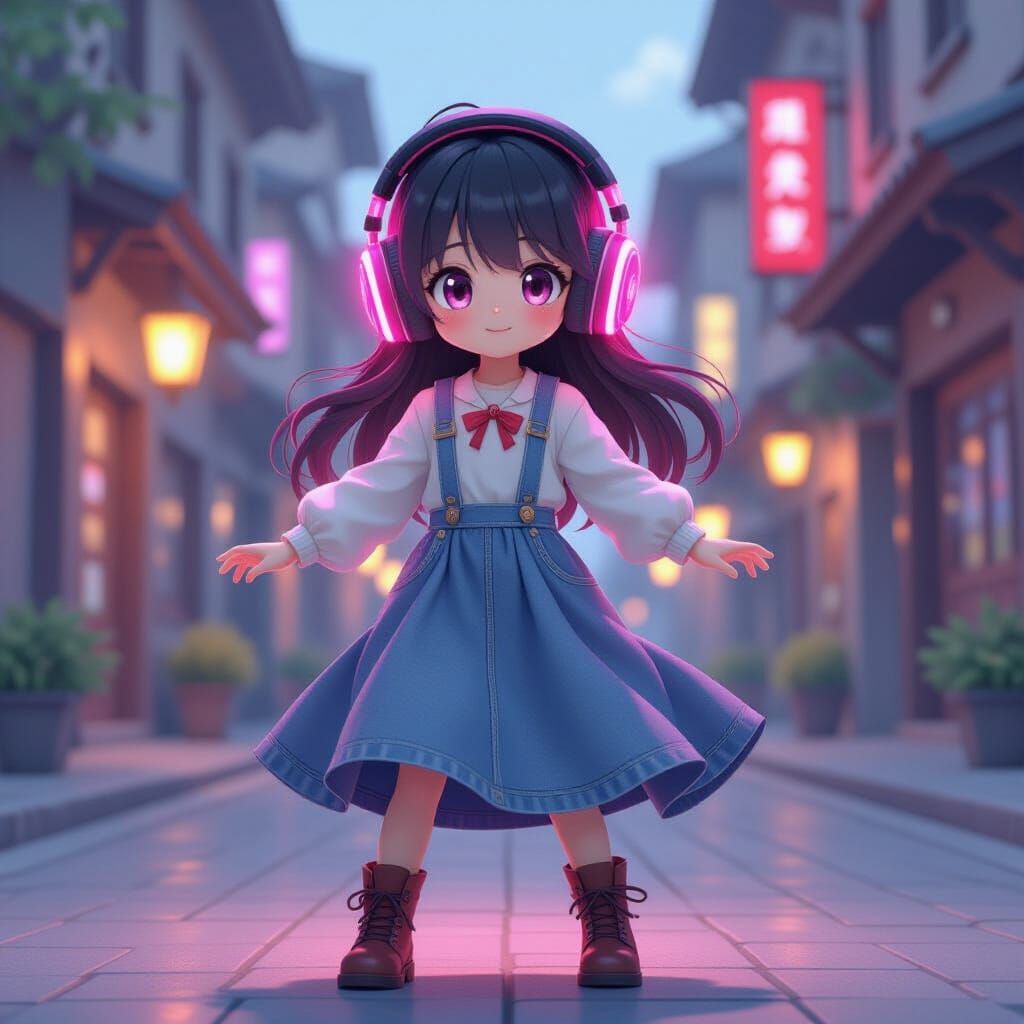 Young Girl Dancing in Pink Headphones, 3D Anime Style