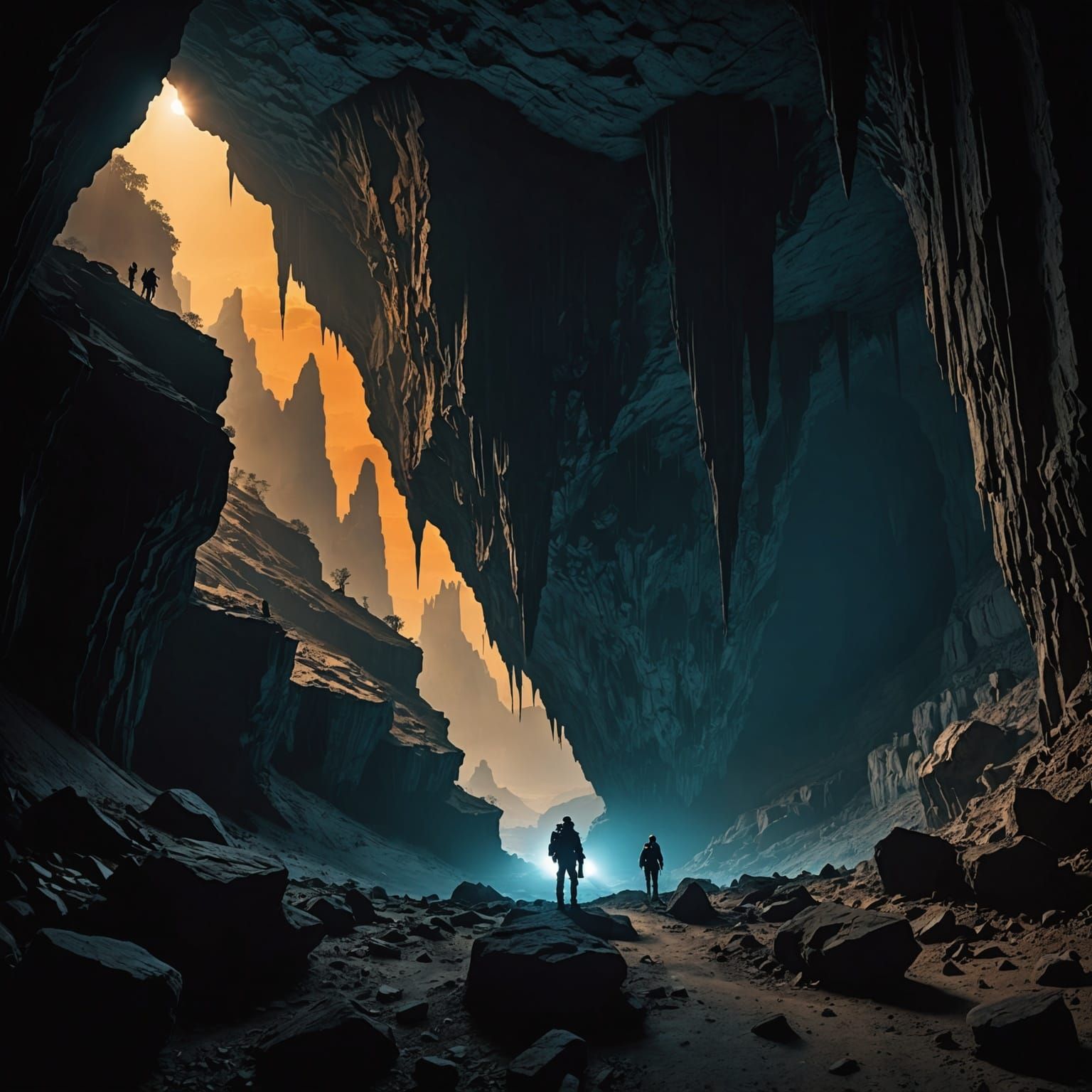 Image of a silhouette of a Cave explorer with a small flashlight, standing on the edge looking out over ...  by @David Grewcock