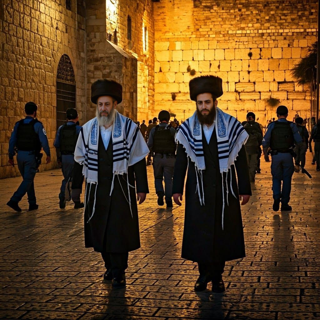 Two Orthodox Jews Walking Down a Street Surrounded by Israel...