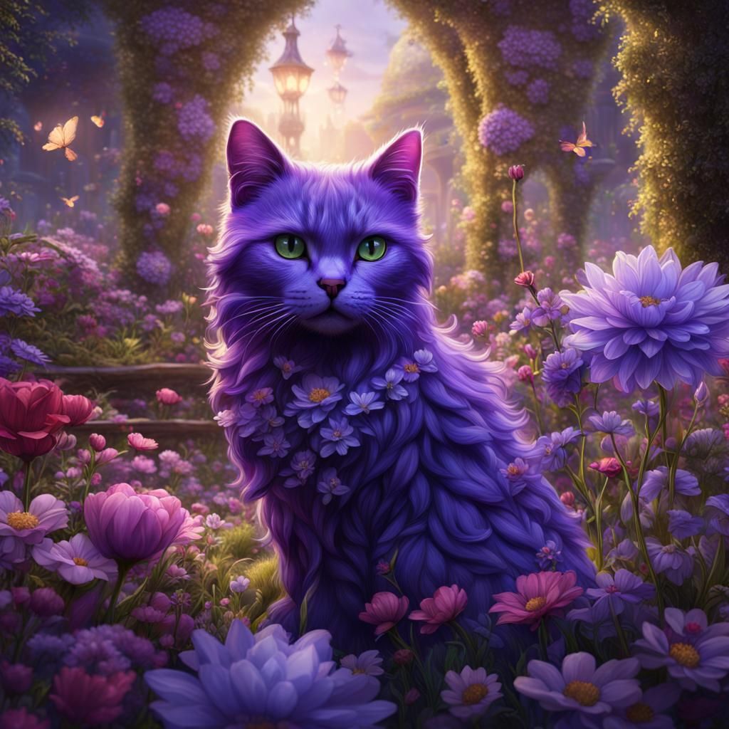 Cristal Fairy, purple, cat, flowers, garden