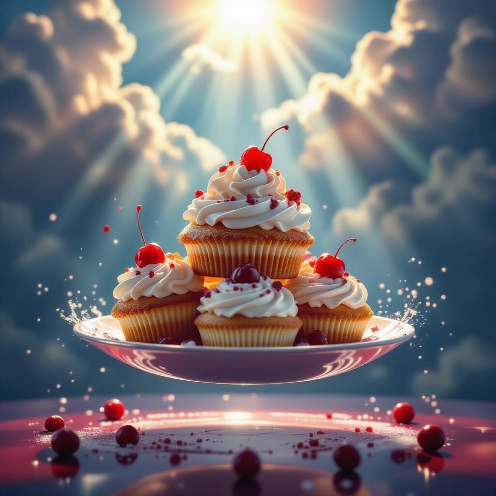 des desserts de lumière en lévitation. Hyperrealistic, splash art, concept art, mid shot, intricately ...  by @undefined