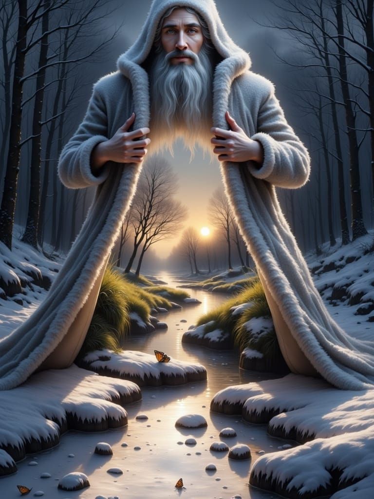 A Wizard of Winter with (((Happy Smile Face))) And wizard's Hat, he's opening his frosty heavy Coat, to show Spring is coming soon ,with(( C...