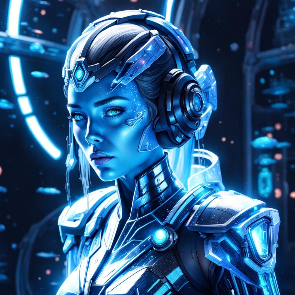 Hologram of space princess, inside starship battle cruiser, ...