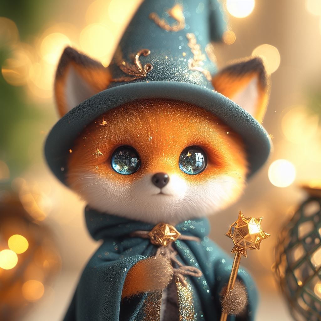 adorable chibi fox dressed up as a wizard, glitter, gorgeous eyes