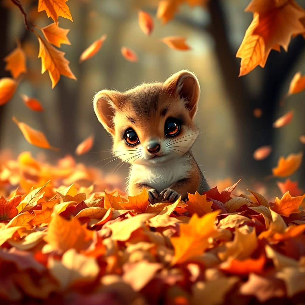 A painting of a cute little weasel with big brown eyes playing in a pile of beautiful autumn leaves. ...  by @cuteandcreepy4u