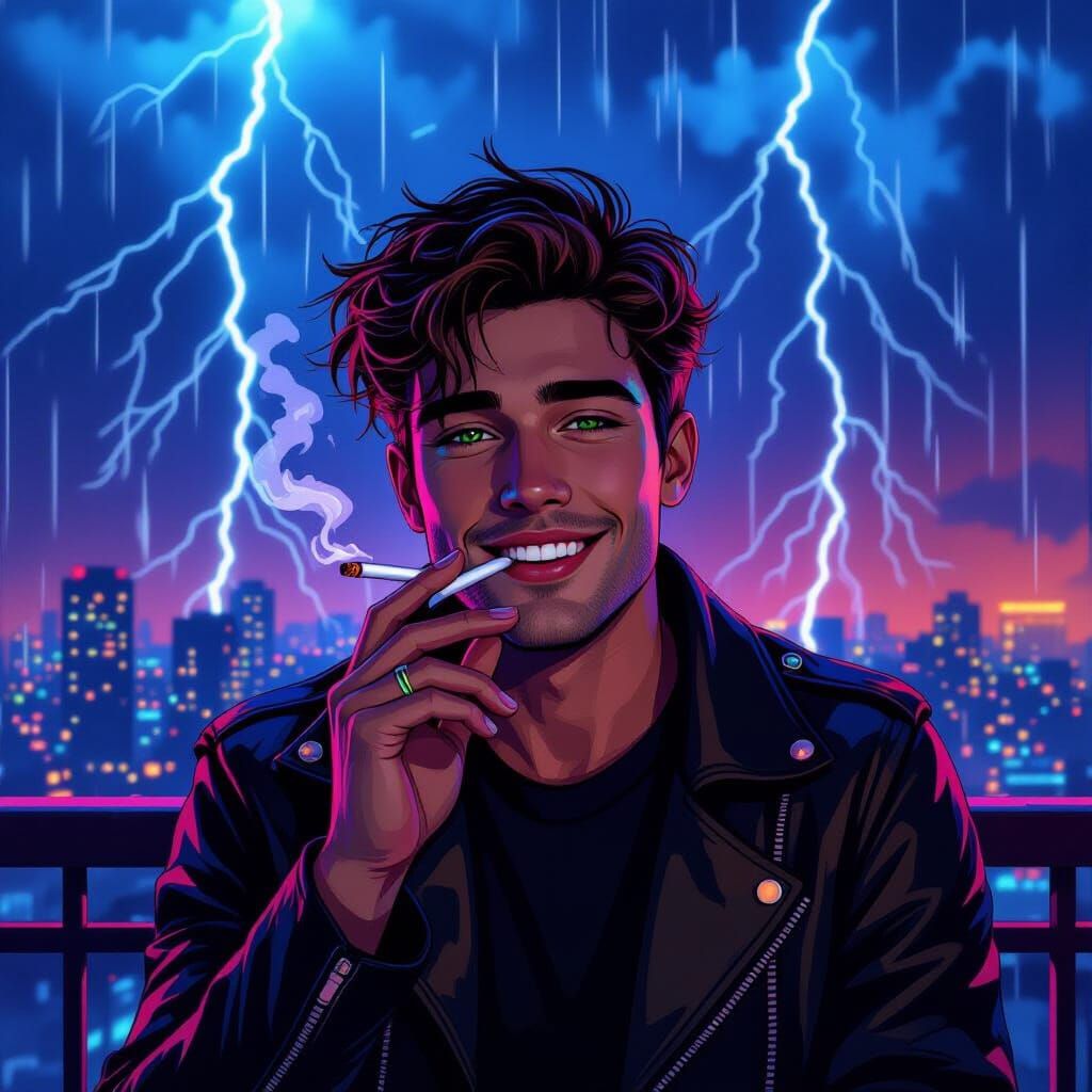 Neon Art of Man Smoking on Balcony in Thunderstorm
