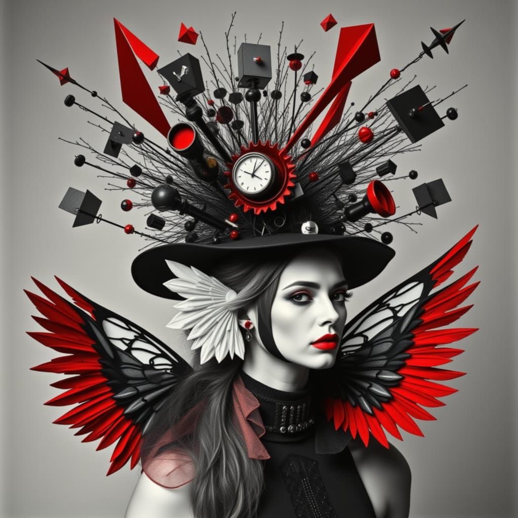 <lora:Ginger Red:1.0>  Create a black and white photogram-style image  with geometric winged Victorian  Steampunk   hats with art installati...
