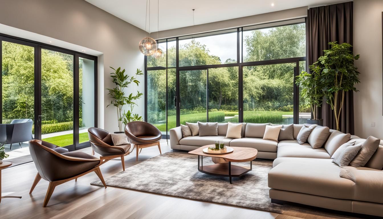 professional photo of interior design of a very luxury living room, contemporary design, perfect natural lighting, seein...