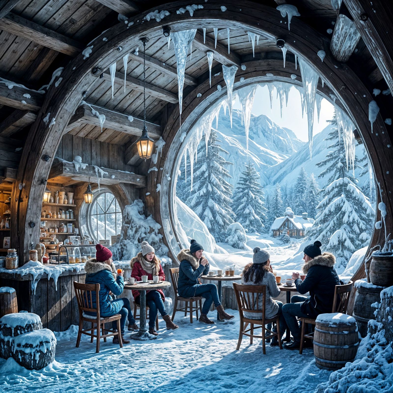 Snowy café encased in shimmering ice dome.
Customers sip frost-laced tea in silence.
Icicles hum lullabies ...  by @KomBib