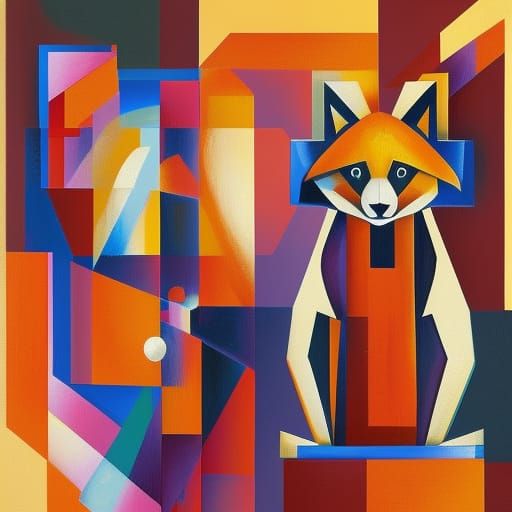 red panda cubist painting, Neo-Cubism, layered overlapping g...
