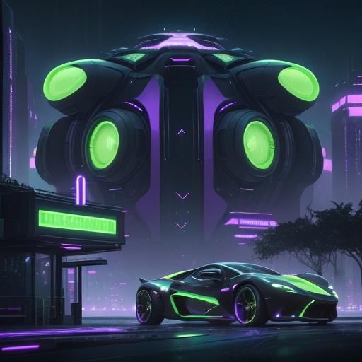 Futuristic city with neon green and purple signs on building...