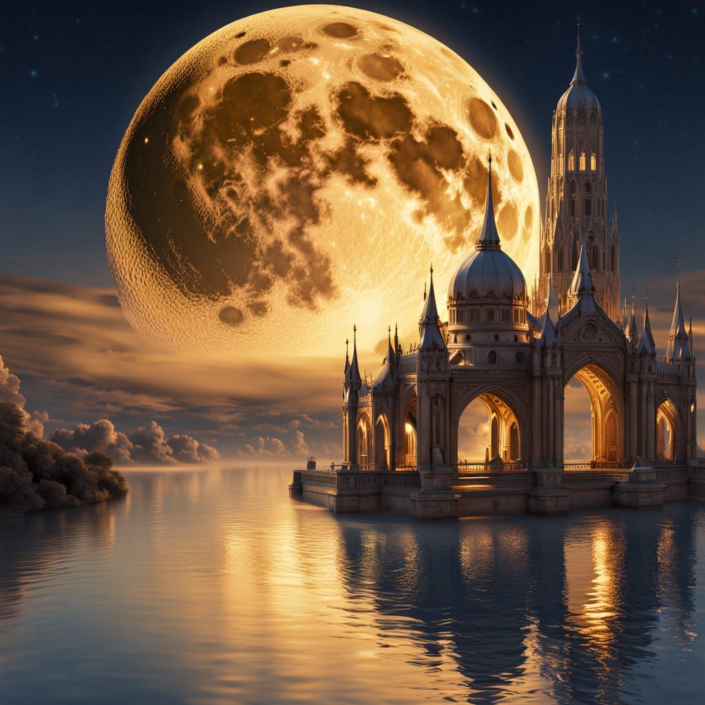 A majestic moon glowing in a deep starry night sky, cradling a fantasy city within its curve. ...  by @JJackyR