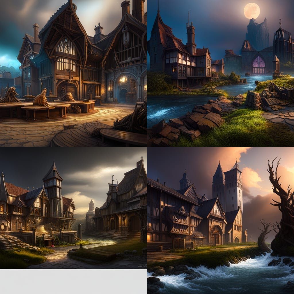 Wild landscape with surreal creatures and medieval buildings