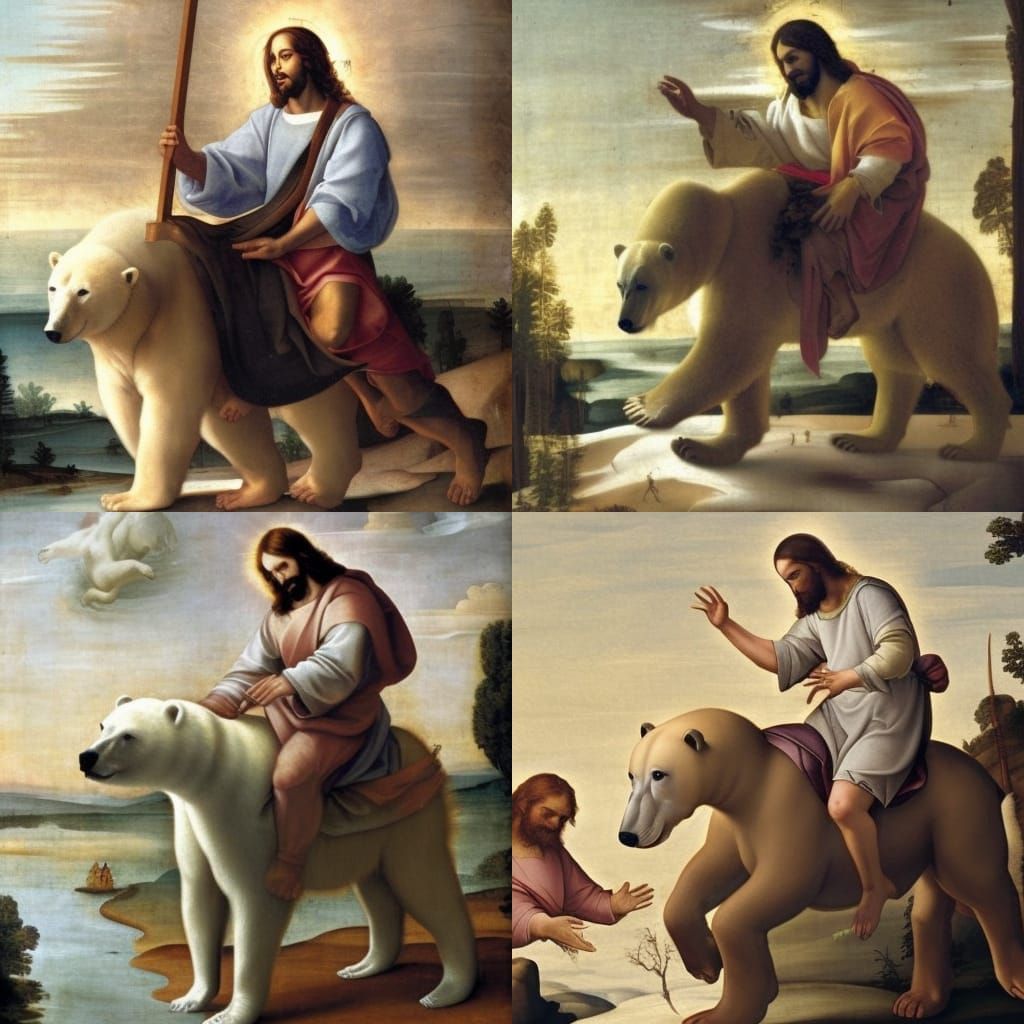 Jesus riding a polar bear into battle, renaissance painting,...