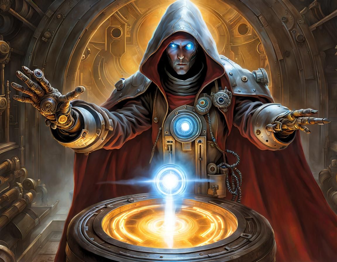Cyborg mechanicus aetherpunk hooded reaching hand out wizard opening energy portal, energy portal, reaching ...  by @David Myers