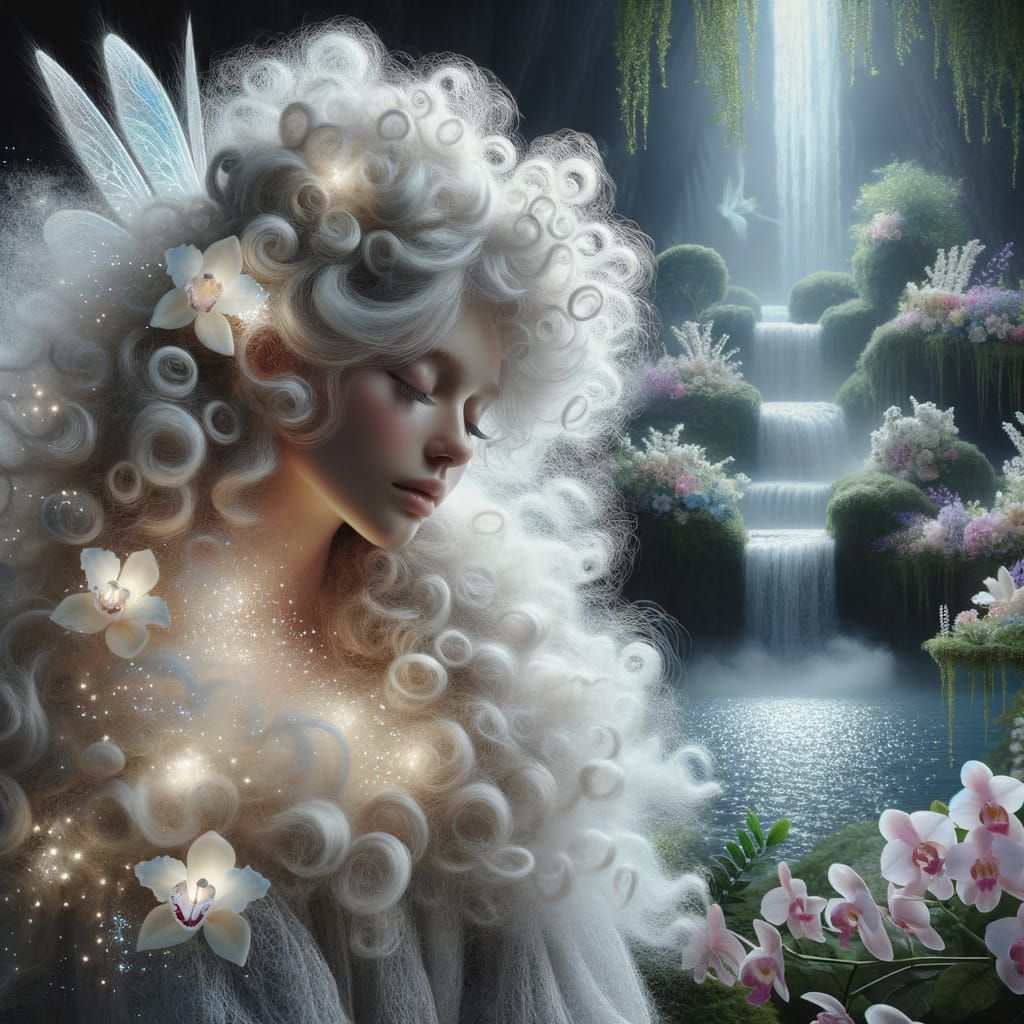 a dreamy fairy with voluminous, soft white hair styled into loose, flowing curls that resemble clouds. ...  by @Hummingbirdartiste