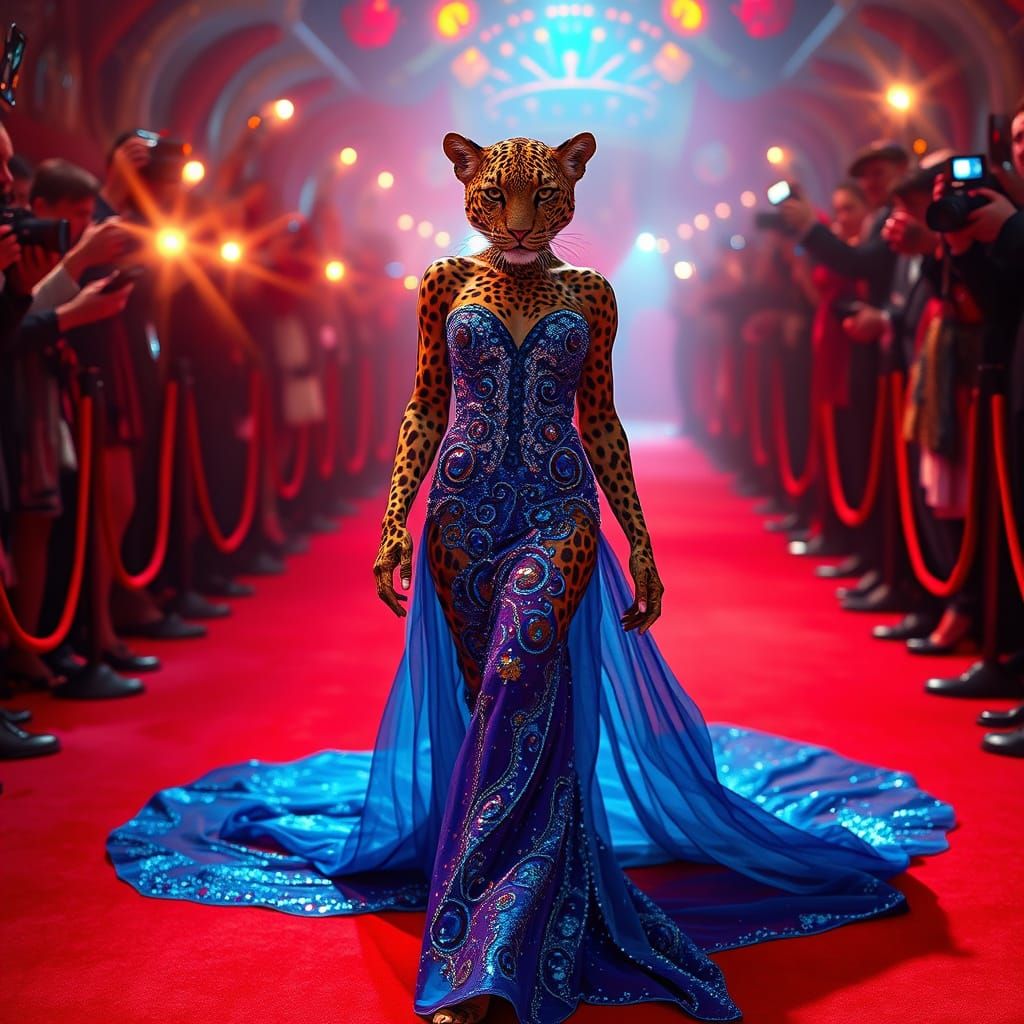 A red carpet event complete with paparazzi. A striking humanoid female leopard is walking down the red ...  by @HeidiHahe