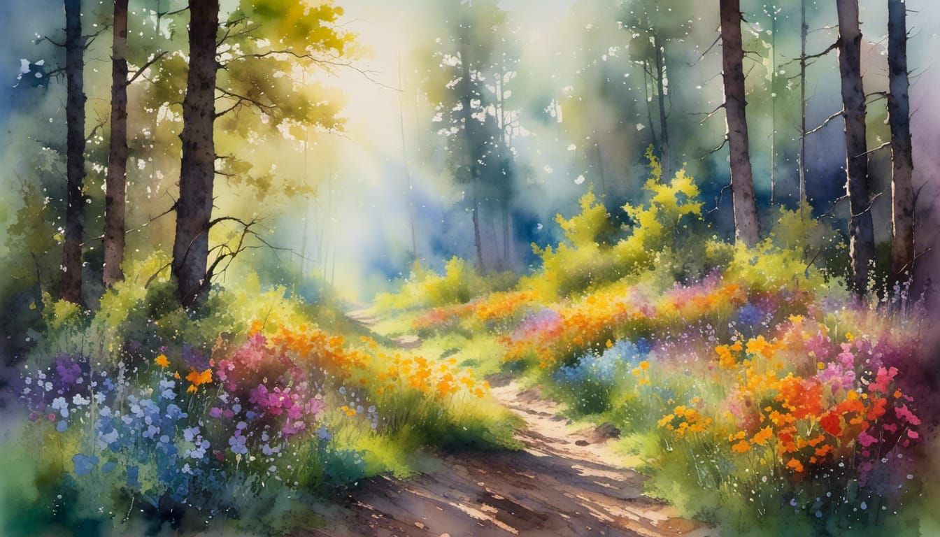 Springtime Bloom along a Forest Path 