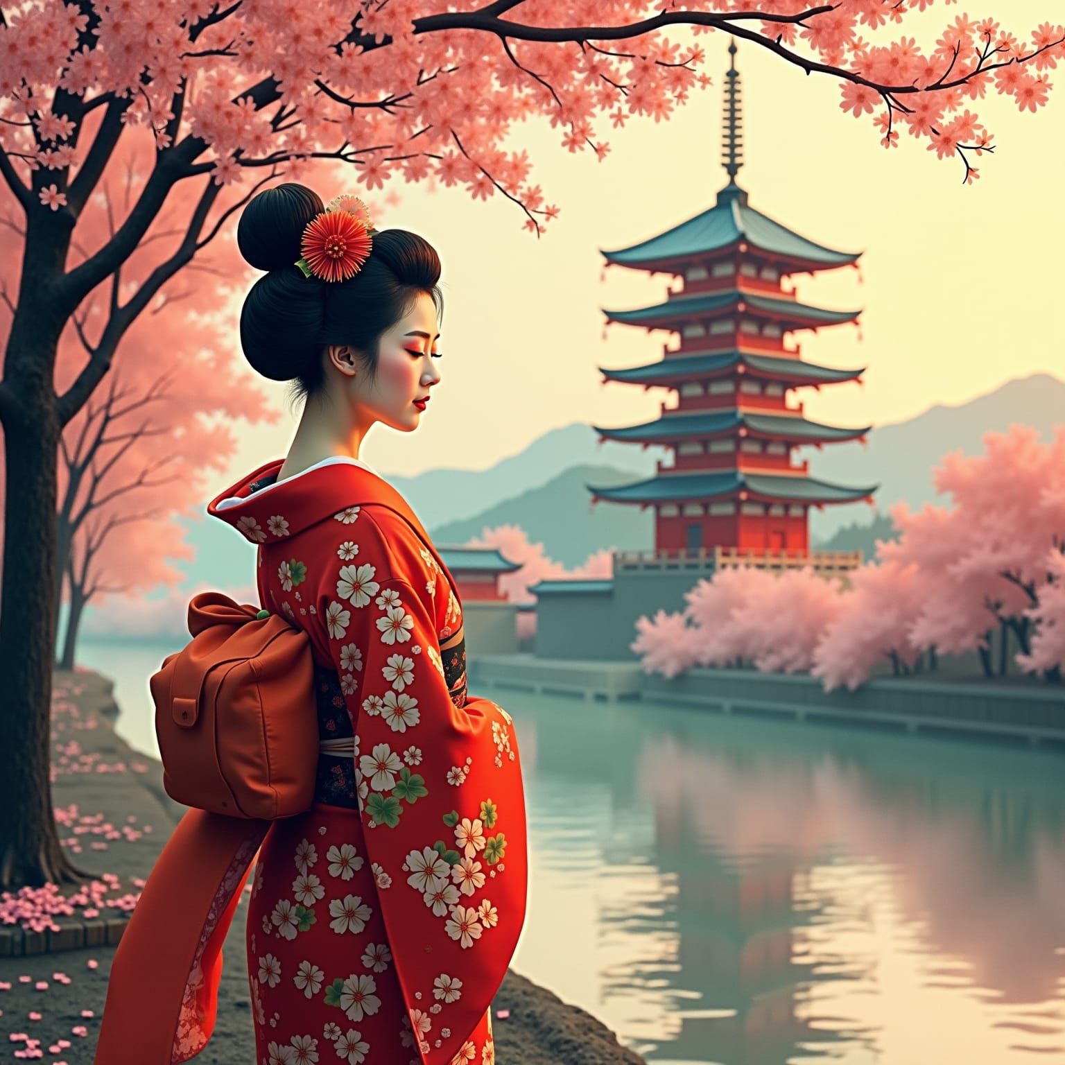 Geisha in Kimono with Pagoda: Ukiyo-e Art Nouveau