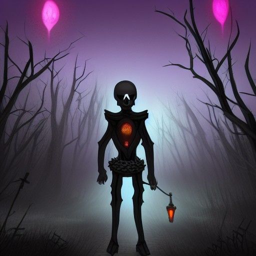 A black necromancer walks through the cemetery glowing eyes ...