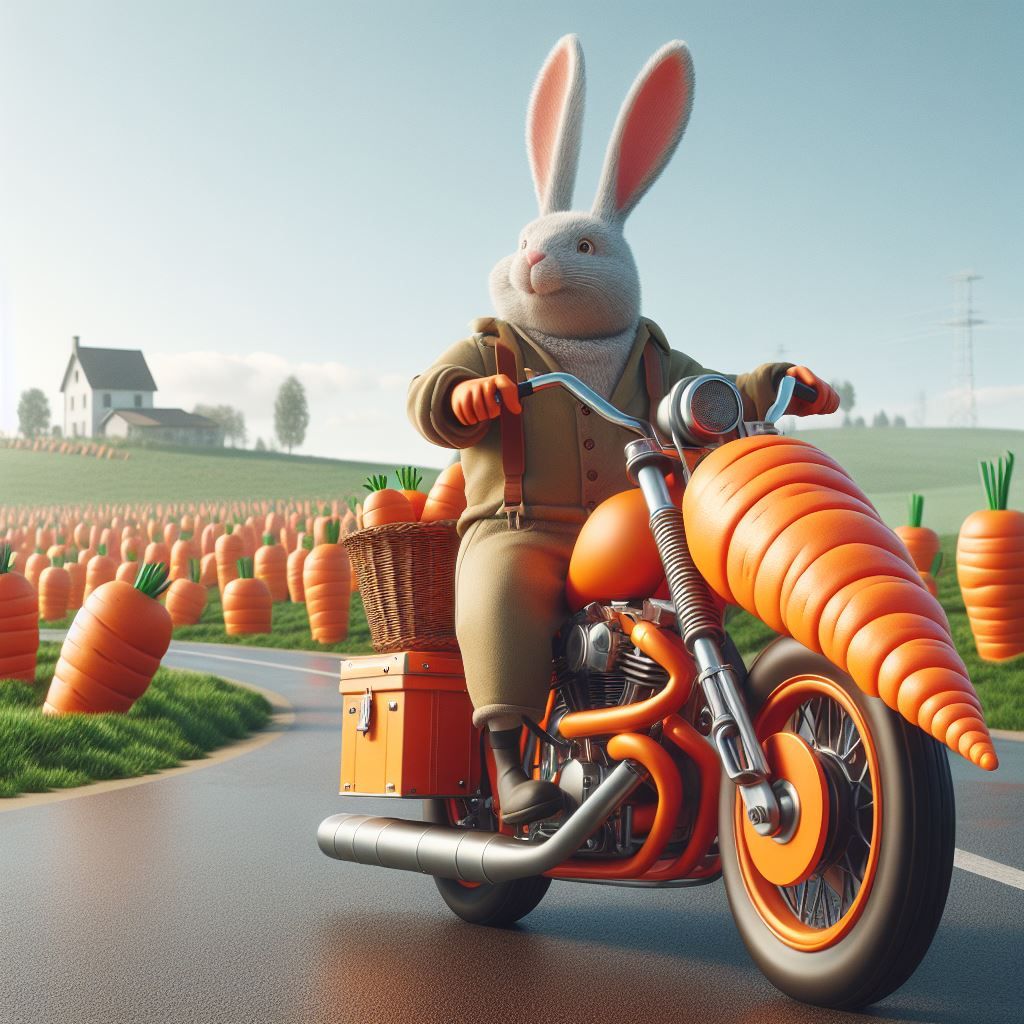 Bunny driving carrot motorcycle beside giant carrot farm