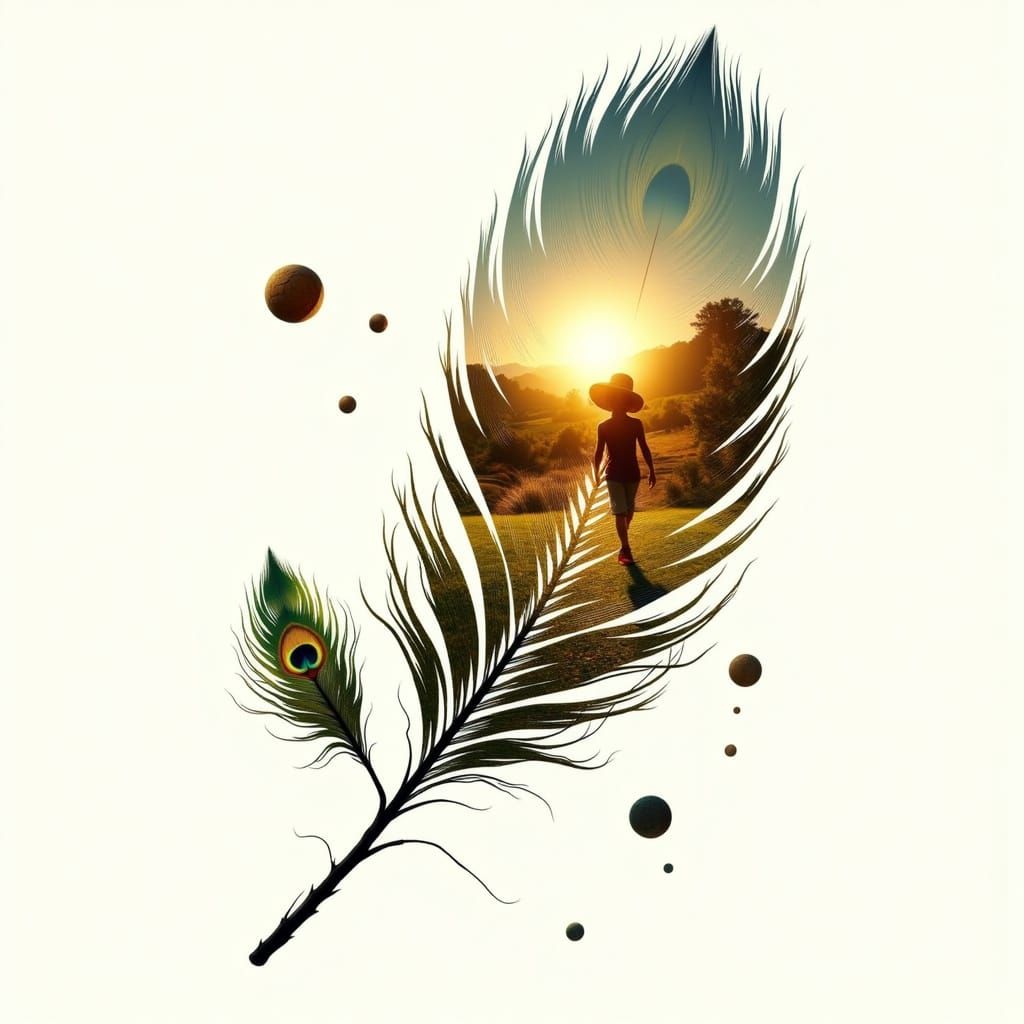 <lora:overlay:1.0> <lora:inlaid:1.0> <lora:Raster:1.0> The outline of a peacock feather consists of a sunlit panorama of a children playing ...