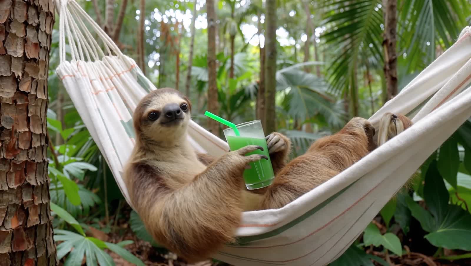 A photo realistic sloth lying in a hammock in the jungle sipping a margarita