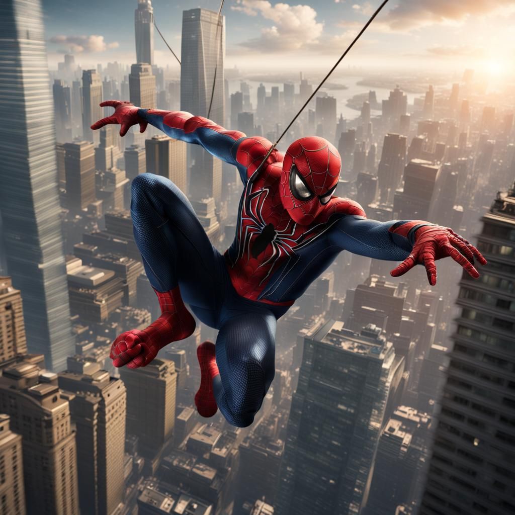 Spiderman swinging through the skyscrapers, extremely detail...
