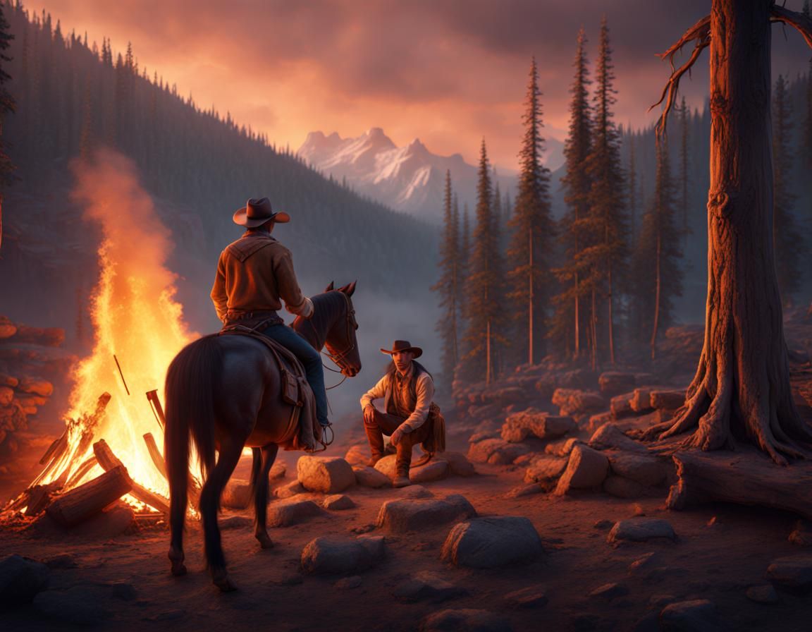 Cowboy at campfire detailed matte painting, deep color, fantastical ...