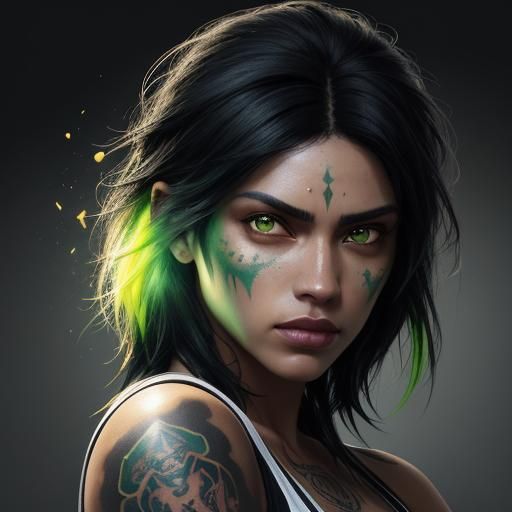 Beautiful Latina woman with short white and  black hair, with bright green eyes and tattoos in black bikini