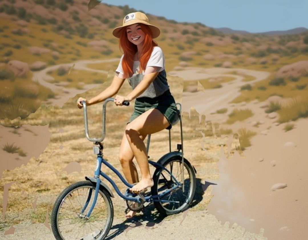 Fox-girl Vixen riding a classic 'banana seat' bicycle
