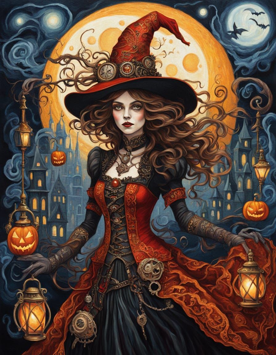 Steampunk Halloween Witch in Klimt Style Oil Painting