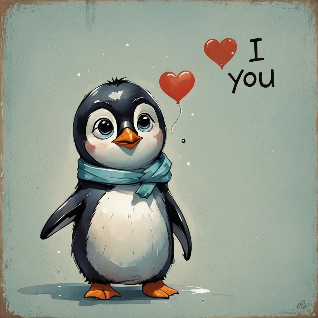 sign held by an adorable penguin, sign inscription: "I Love ...