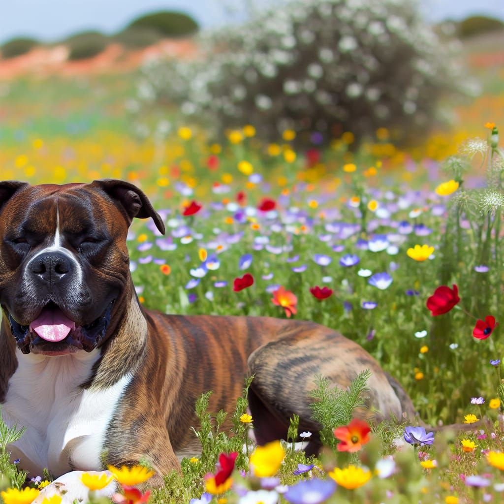 Pitbull Boxer Mix Lazing in Wildflowers