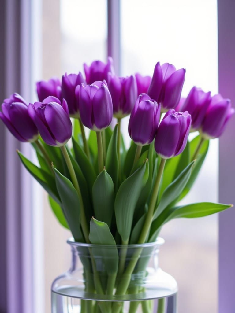 Vibrant Purple Tulips in Glass Vase, Dutch Masters Style