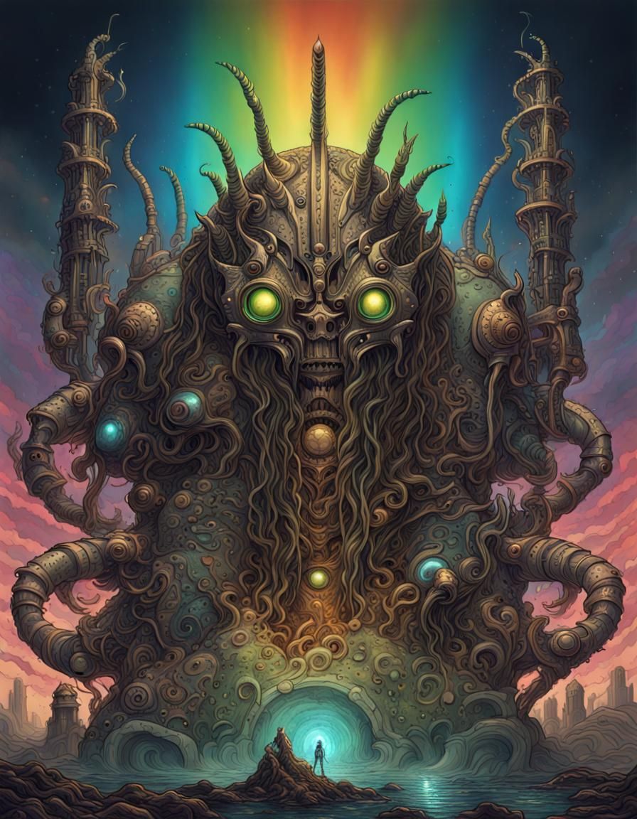 An ornate art deco armored steampunk war trash heap monster idol drawn in the style of concept art. Bioluminescent ...  by @Charlequin