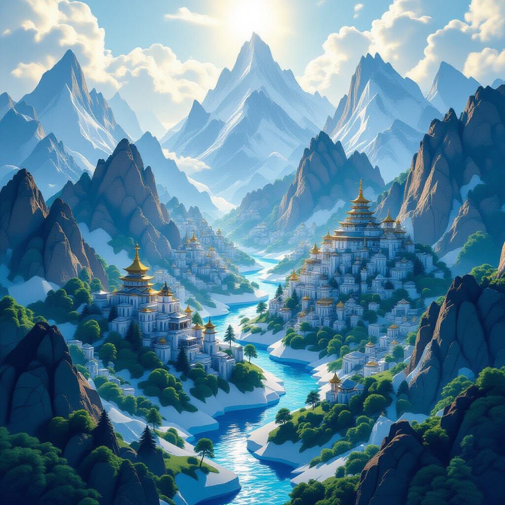 Hyperrealistic Paper Kingdom in Magical Mountains
