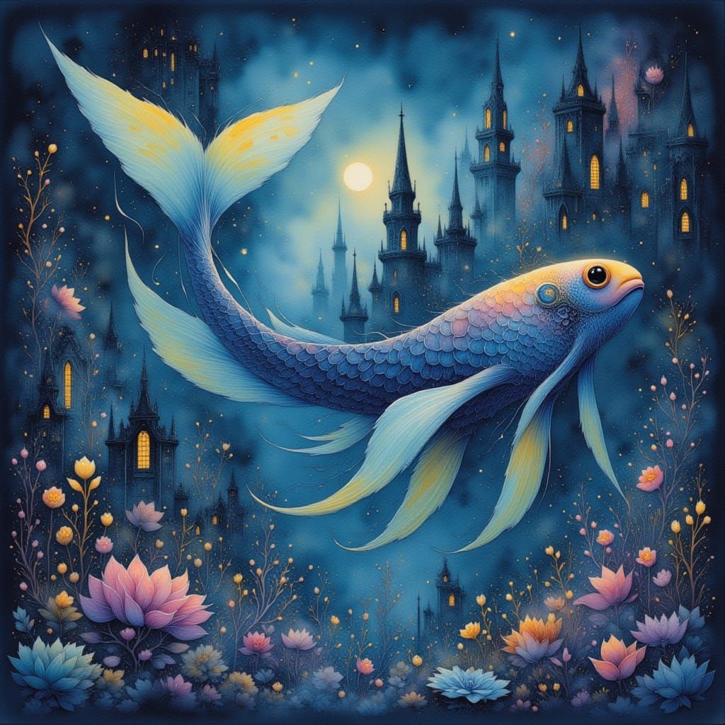 <lora:whimsical minions:1.0> Art Nouveau. Detailed illustration of a sentient, bioluminescent fish swimming through a submerged, art nouveau...