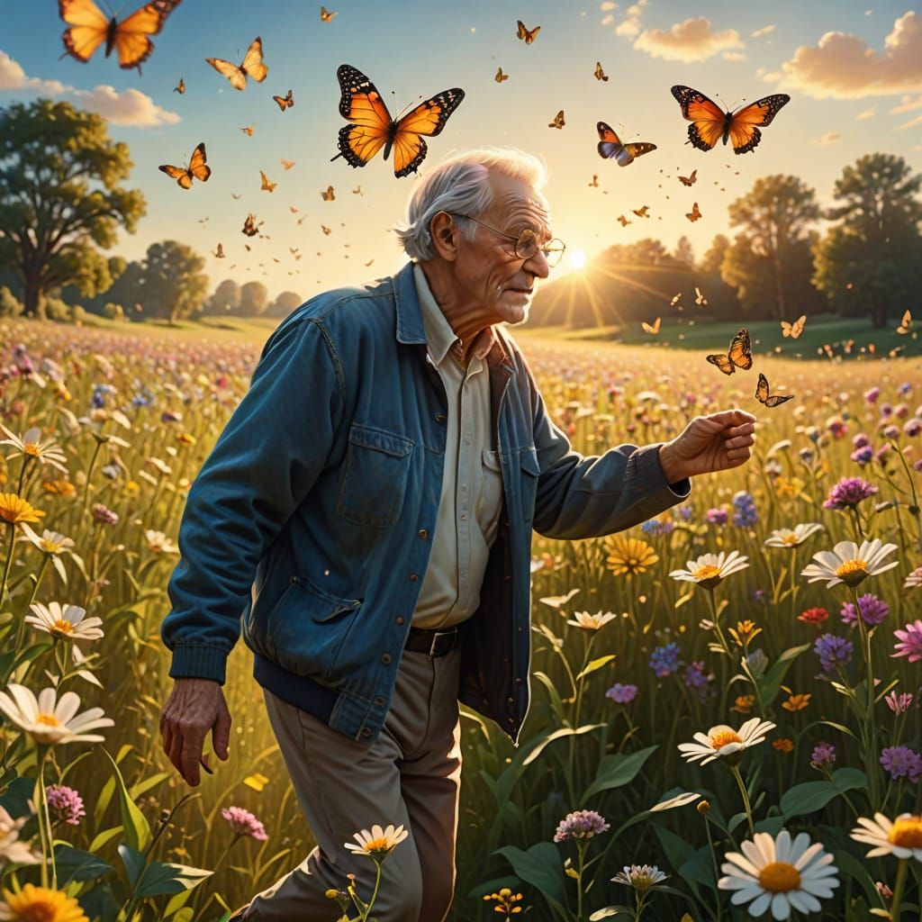 Elderly Man Chasing Butterflies in Dreamy Digital Art