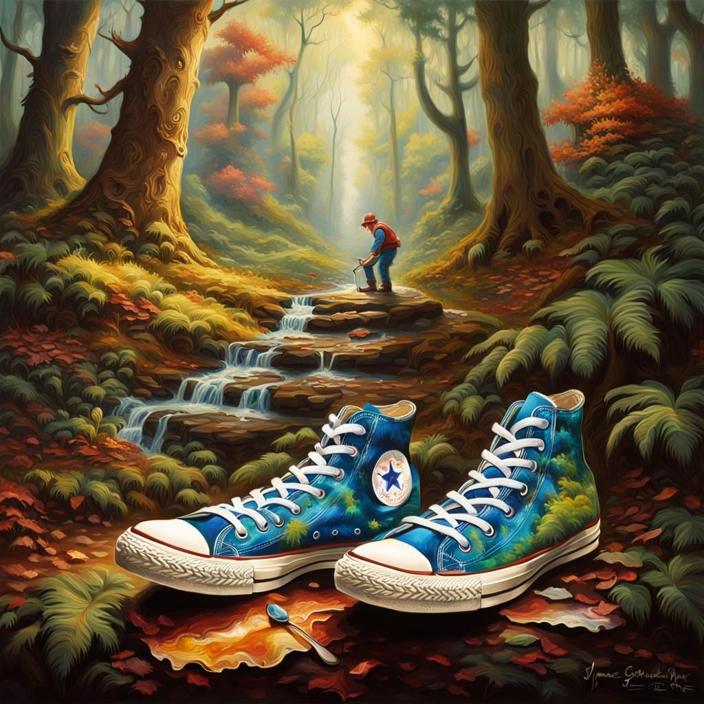 An Old artist painting on a converse The painting is of a beautiful Forrest Hyperrealistic splash art concept art mid shot intrica. AI Generated Artwork NightCafe Creator