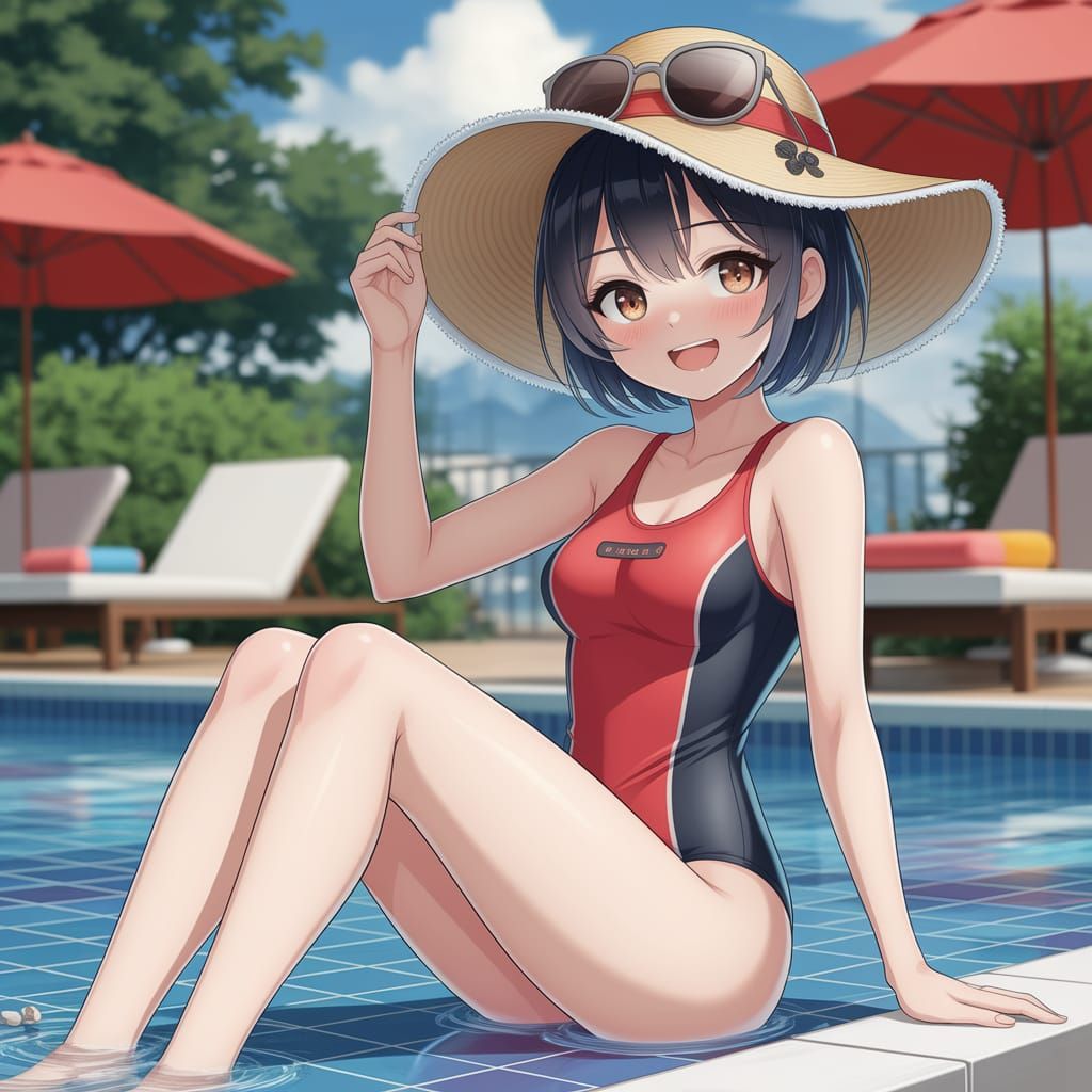 Pool Party: Slender Woman in Anime Style