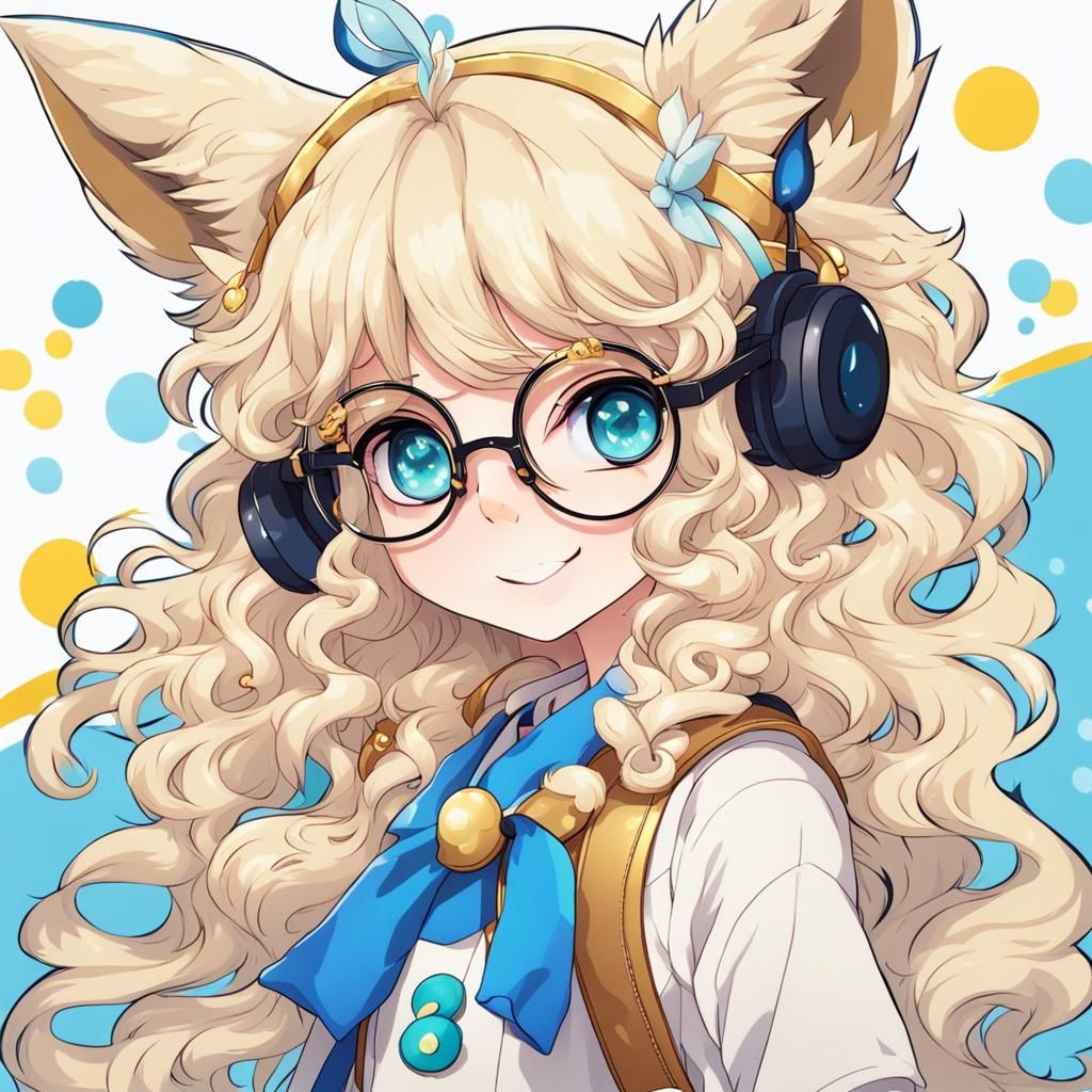 cute wolf girl kawaii with gold big round glasses and blue e...